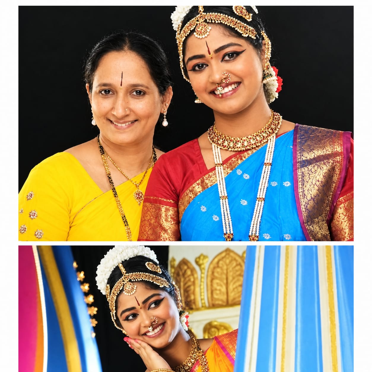 Bharatanatyam dancer with her companion and a dance portrait